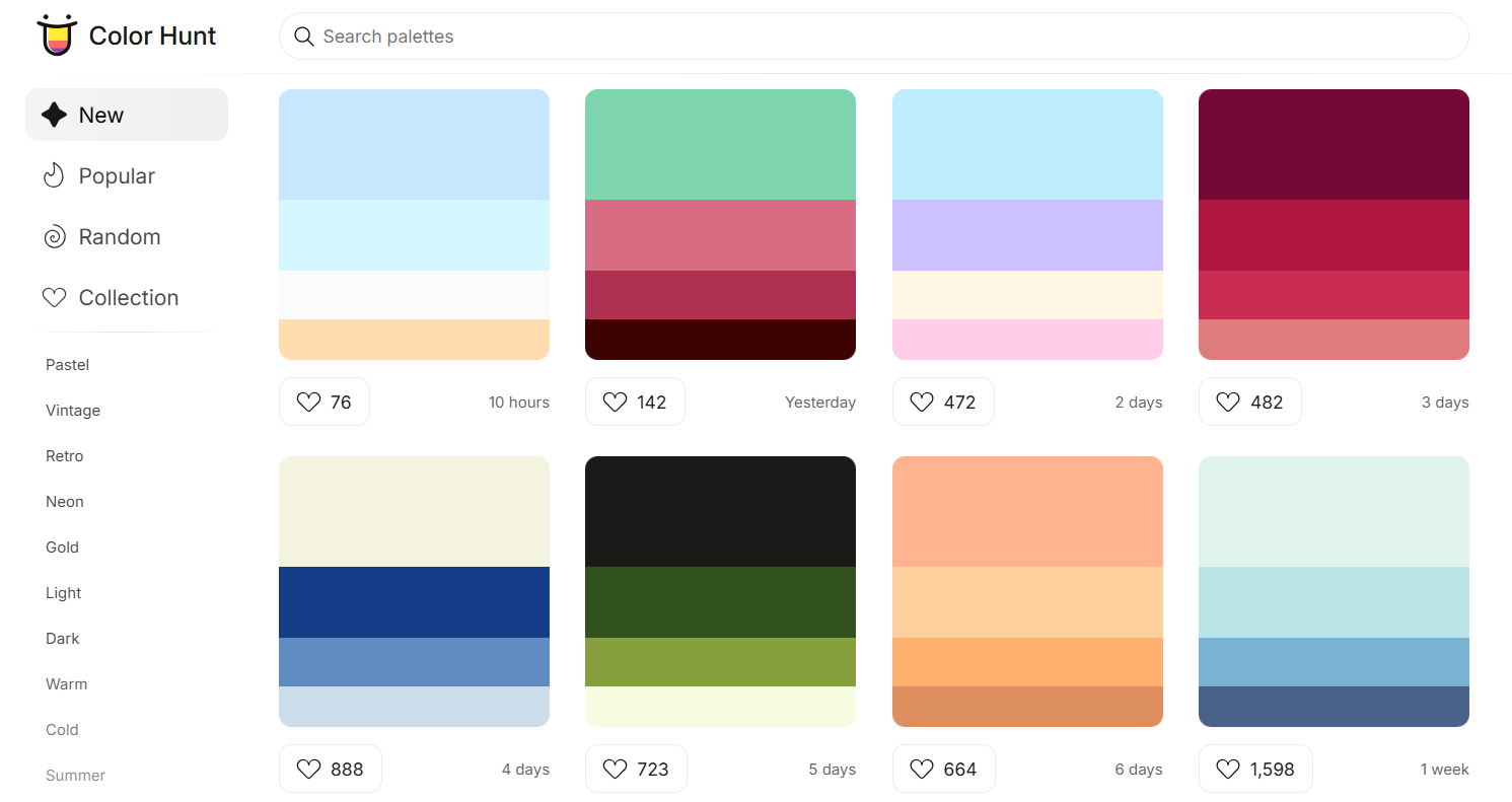 Bạn có thể tìm thấy hàng nghìn bảng màu được cộng đồng bình chọn tại Color Hunt