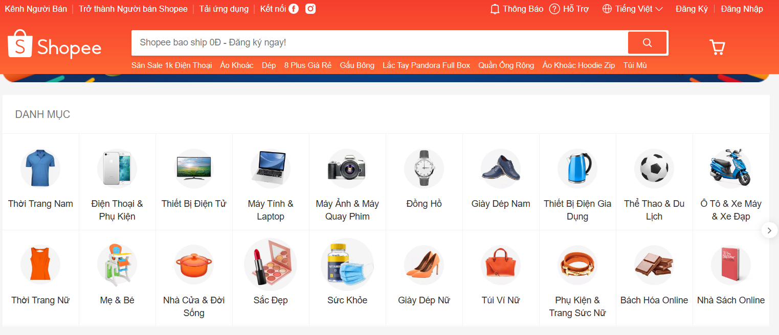 Cấu trúc website thương mại điện tử của shopee được tối ưu tinh gọn